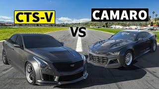 Cadillac vs Camaro Drag Race! 820hp CTS-V vs 1040hp Camaro SS