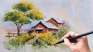  How To Paint A Simple Landscape Painting Step By Step Tutorial | Watercolor | Watercolour