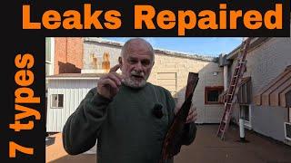 How to Seal Leaks: flat roof rubber, flashing, drain, Cement Block Wall, Rusted metal gutter windows