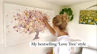 Colourful, mixed media ‘Love Tree’ painting. Watch the relaxing process.