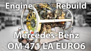 Truck engine repair of an Mercedes-Benz Benz Actros MP4 - OM471LA in time laps.