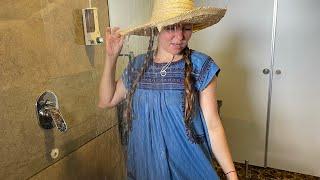 Lulu get wet after sauna in shower • wet jeans dress • wetlook • wet clothes