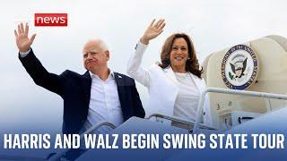 US election: Kamala Harris and vice president candidate pick Tim Walz kick off swing state tour