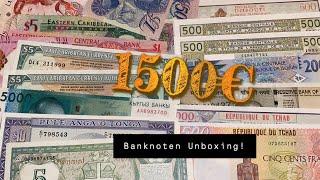 Banknote Unboxing: 1500€!!! 150 HKD, Falkland, Tschad, Suriname uvm 