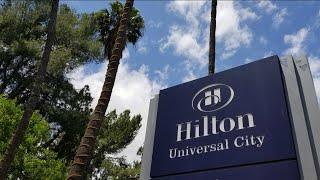 Hilton Universal City Hotel SUITE TOP FLOOR Room Tour *Amazing VIEW of Universal Studios Hollywood!