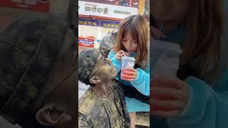 Girl spits drink in fake statue guy #shorts