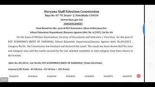 HSSC PGT Economics (Rest of Haryana) Final Result and Cut Off Marks Declared