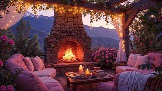 Cozy Fireplace Ambience at Sunset on the Mountain ️ Pink Balcony with Romantic Jazz for Relaxation