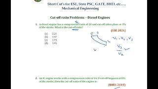 ESE, GATE, TNPSC, STATE PSC'S - SHORT CUTS - MECHANICAL ENGINEERING - DIESEL CYCLE - CUT OFF RATIO