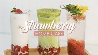 Home cafe  Strawberry milk, strawberry matcha latte, strawberry basil-ade