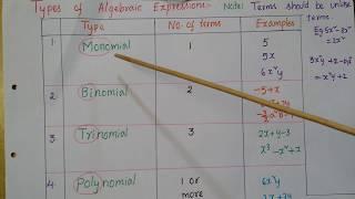 Types of Algebraic expressions Monomial,binomial,trinomial and polynomial