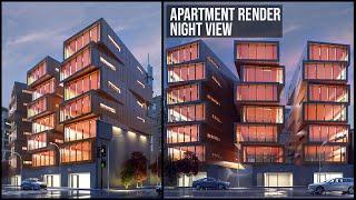 Apartment Night Exterior Rendering with V-ray 6 & 3Ds Max | Uncover Free Material Library Secrets!