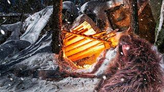 Winter Camping Building Natural Primitive Bushcraft Survival Shelter in Snow | Full Year of Use ASMR