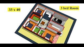 33 x 40 ghar ka naksha II 3 bed rooms home design II 33 x 40 ground floor plan with car parking
