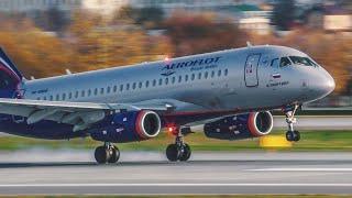 Beautiful aircraft landing close-up on a new runway 24R at Sheremetyevo Airport. October 2019