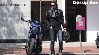 Keanu Reeves rides his ARCH motorcycle after lunch at San Vicente Bungalows in West Hollywood, CA