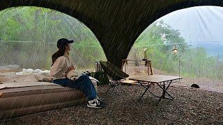 puppy and the sound of rain in a tent with an overwhelming sene of openness️