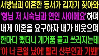 서방님과 이혼한 동서가 갑자기 찾아와 '형님 저 시숙님과 연인 사이에요' 하며 내게 이혼을 요구하는데    라디오사연  썰사연 사이다사연 감동사연