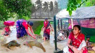 Village Life - It's Always Raining। Morning Routine In Heavy Rain Fish Catching।Cooking Village Food