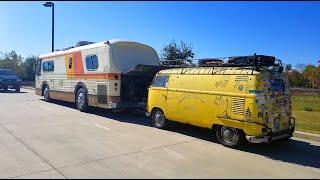 Manny the Hippie Traveling in a 1966 Flxible Towing his Yellow Hippie Van