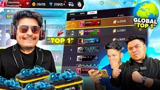 INDIA'S NO.1 BADGES PLAYER 25,819 REGION & GLOBAL TOP 1 34,45,841 LAKH ACCOUNT - FREE FIRE MAX