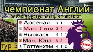 Чемпионат Англии по футболу (АПЛ). 5 тур. Результаты, расписание, таблица.