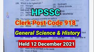 HpsscClerk Post Code 918Answer keyexam held 12 Dec. 2021Sci & History Section