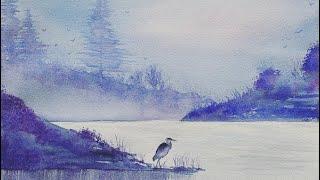 Misty Dawn Landscape Watercolor Painting with Heron, Magical and Beautiful, Step by Step Tutorial