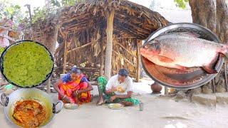 RoopChand Fish Curry and Matar Vorta cooking & eating by santali tribe old couple