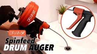 DRAINX SPINFEED Drum Auger | Manual or Drill Powered Drain Snake - Auto Extend and Retract Snake