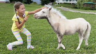 София на ферме кормит лошадей и маленьких пони