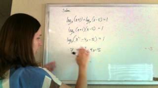 solving a logarithmic equation log(x+1) + log(x-5) = 1