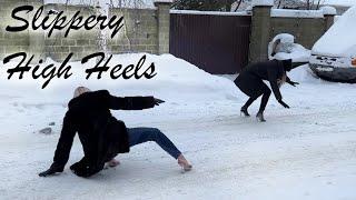Two girl walking on snow, slippery high heels, high heels on ice, high heels walking on ice (# 1155)