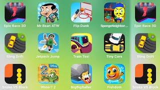 Epic Race 3D, Mr Bean, Flip Dunk, Sponge Neighbor, Sling Drift, Jetpack Jump, Train Taxi, Tiny Cars