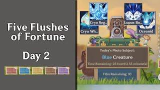 Day 2 Five Flushes of Fortune Blue Creature Guide and Photo Color Result | Genshin Impact