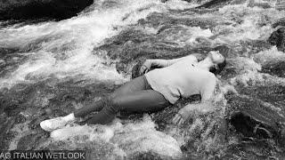 Wetlook - Leyla in river with white&pink Nike, jeans and sweater