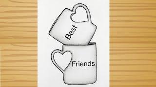 Friendship day drawing / Best Friend drawing on Cup - Pencil sketch / Heart shape Cup Drawing / Art