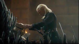 Prince Daemon helps King Viserys up the stairs of the Iron Throne | House Of The Dragon | 1x08