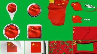 China Multi Flag PACK Green Screen + Alpha