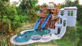 [Full Video]Build Creative Beautiful Water Slide Park Round Tree To Swimming Pool &  Villa In Forest