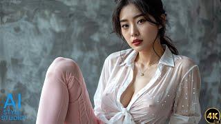 4K AI Art Lookbook Video of AI Girl ｜ Elegance Unveiled, Korean Woman in See Through Shirt