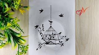 How to draw a beautiful bird cage with birds | Pencil sketch scenery drawing - step by step