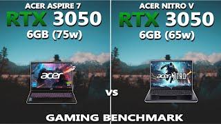 RTX 3050 6GB (75w) vs (65w) Gaming Benchmark | Acer Aspire 7 vs Acer Nitro V | Tested in 10 Games |