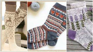 Зимние носки спицами с жаккардом - идеи для вдохновения. Носки со схемами жаккарда.