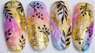 Blooming gel with transfer foil nail art. Summer nail design.