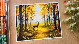 Autumn Forest Deer Scenery with Oil Pastels | Step-by-Step Tutorial