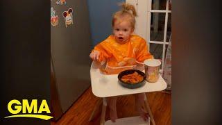 Baby has hilarious reaction after dad swaps her food l GMA