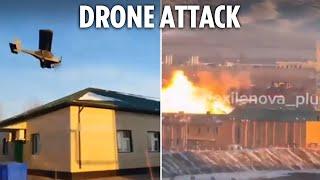 Dramatic moment Ukrainian aircraft-style drone smashes into Russian base sparking huge fireball