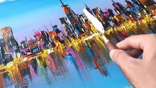 City Skyline with Water Reflection / Wonderful Painting Technique #035