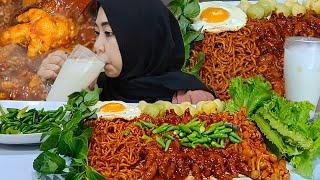 mukbang dakbal jamur dan mie goreng extra cabe dan lalapan